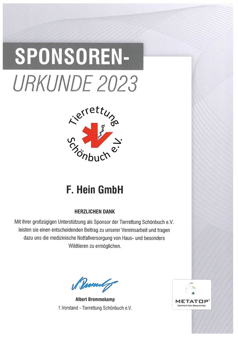 Sponsorenurkunde Tierrettung 2023